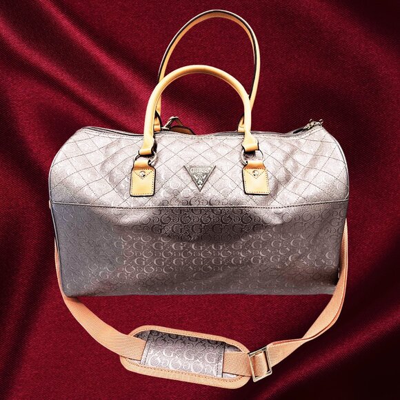 GUESS Signature Logo Duffel Satchel Bag – Beige/Tan Shoulder Strap - Picture 10 of 10